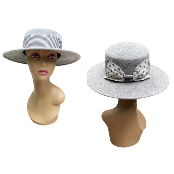 Vintage NOS Banash Boston Light Gray Wool Felt Fedora Hat Polka Dot  Bow US 7.5 main image 14